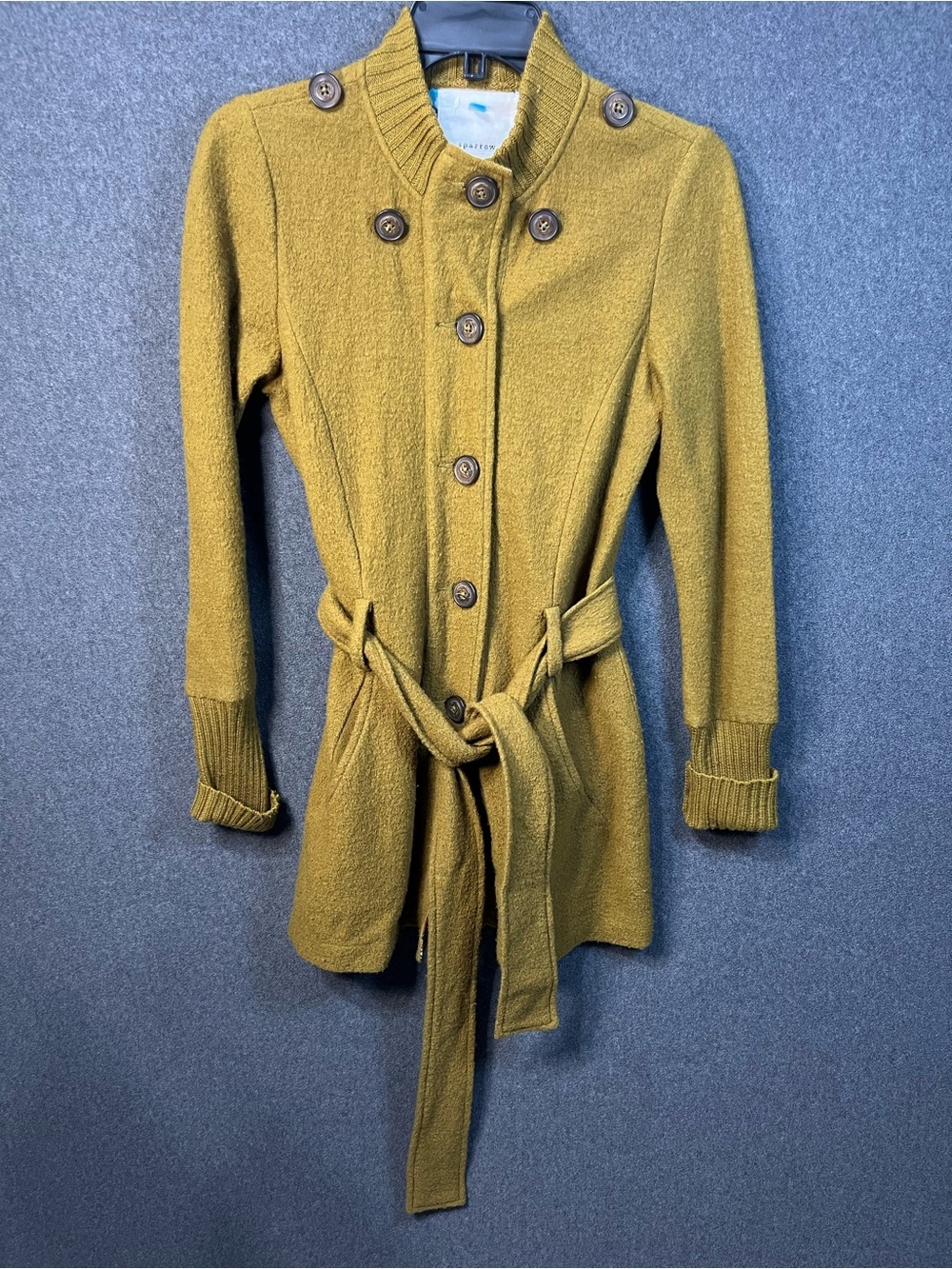 Anthropologie sparrow Olive-Mustard Double-Breasted Belted Cardigan